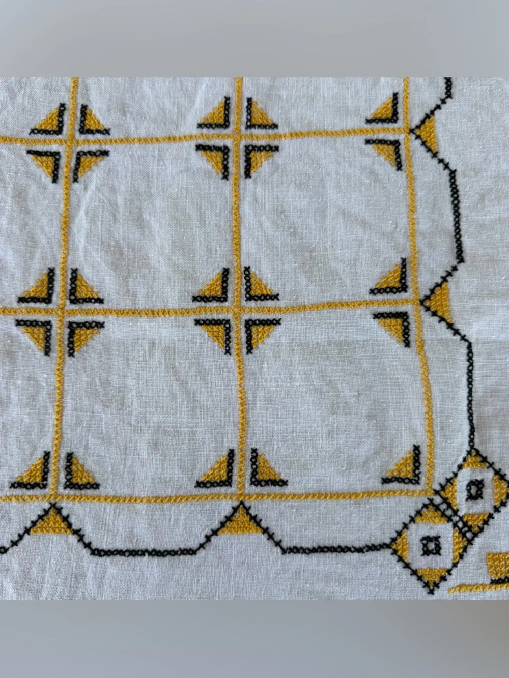 VTG Traditional Geometric Folk Cross Stitch Linen Tablecloth Black Yellow 47x64
